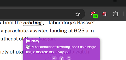 A definition tooltip with its action toolbar, Experiment installed